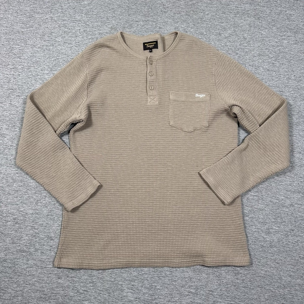 Seager Sawpit Henley Shirt Mens XL Brown Waffle Knit Long Sleeve Thermal - Picture 3 of 9